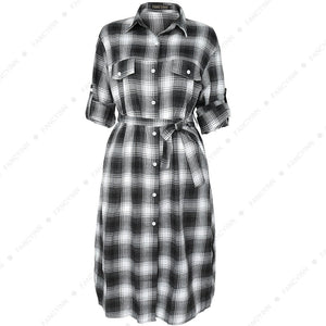 Women Plaid Checkered Roll Up Long Sleeve Tops Casual Midi Shirt Dress –  Fancyinn